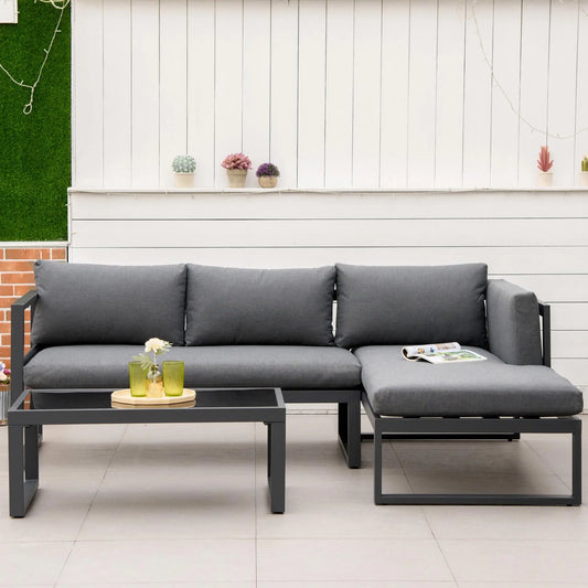 L-Shaped Garden Sofa Set with Cushions and Table. Londecor