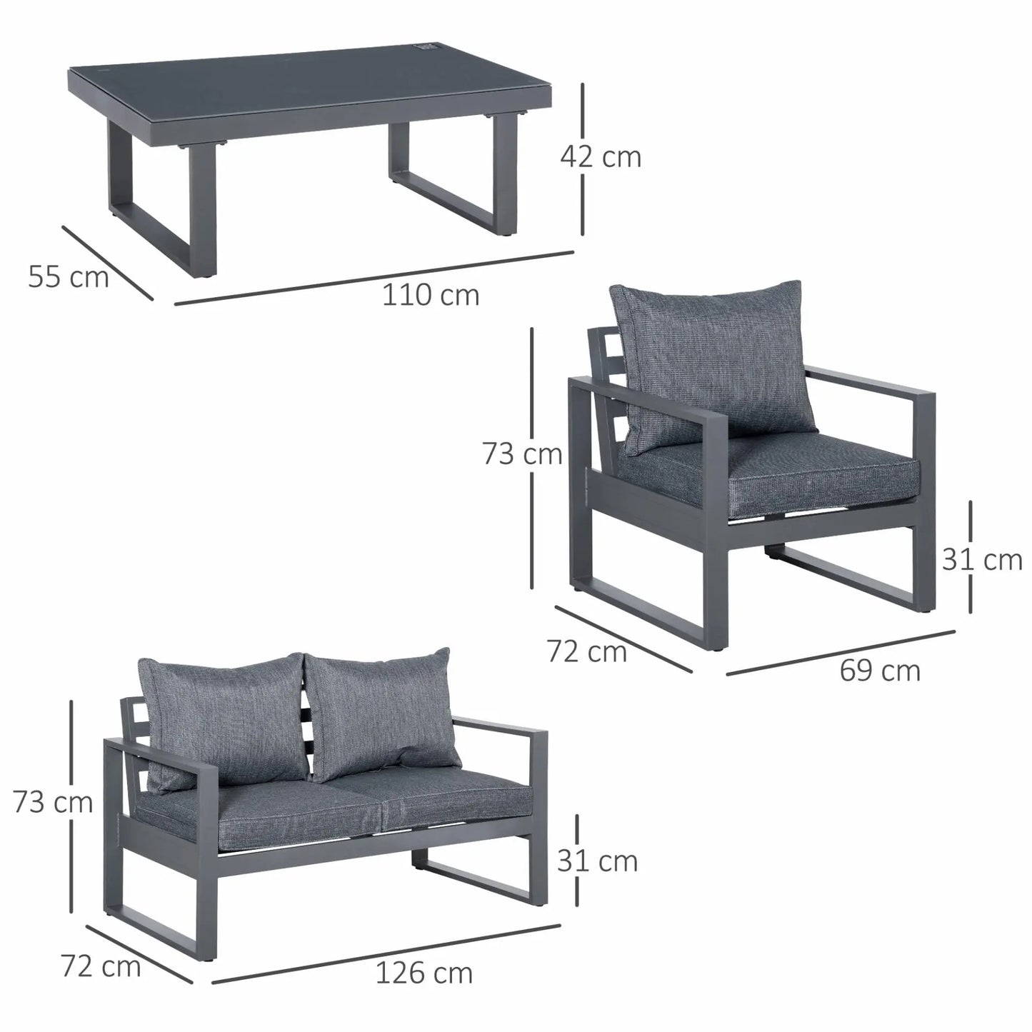 4 Piece Aluminium Garden Sofa Set with Coffee Table, Outdoor Furniture Set with Padded Cushions & Olefin Cover, Dark Grey - Londecor