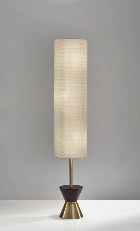 59" Brass and Wood Textured Cylinder Beige Floor Lamp-2