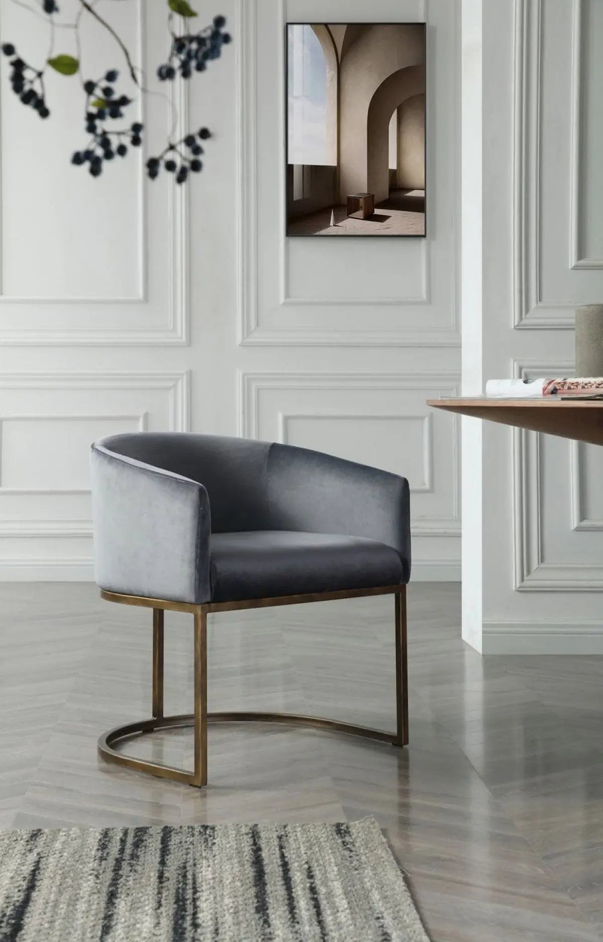 Gray Velvet Brass Modern Dining Chair-0